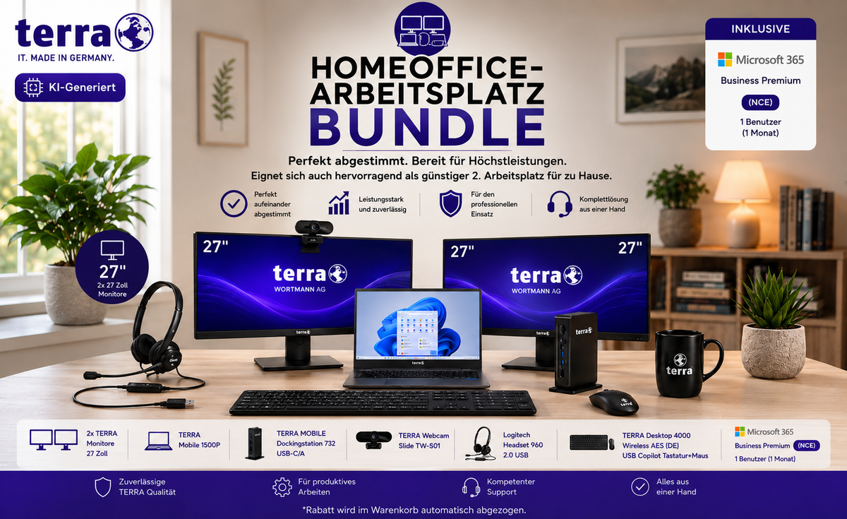 Homeoffice Arbeitsplatz Bundle mit TERRA PC 24H Vor-Ort-Service + ME 36 Monate